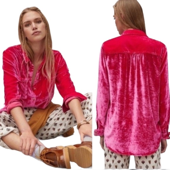Anthropologie Tops - NWT Anthropologie Pilcro “Mara” HOT PINK Velvet Button-down blouse, AMAZING!✨✨✨